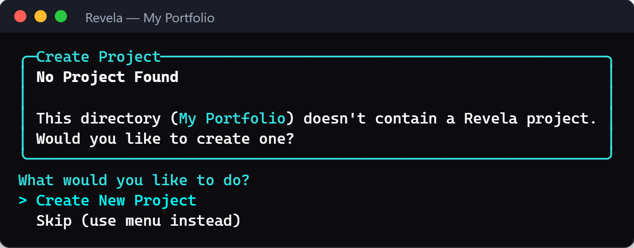 Revela's first start: a box titled Create Project says the folder My Portfolio doesn't contain a Revela project yet and offers Create New Project, Skip or Exit.