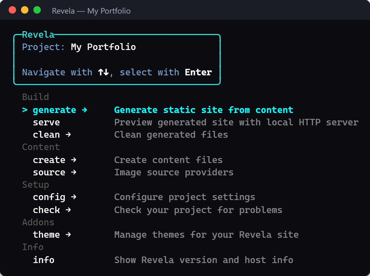Revela's main menu with the project My Portfolio, grouped into Build (generate, serve, clean), Content, Setup, Addons and Info. generate is highlighted.
